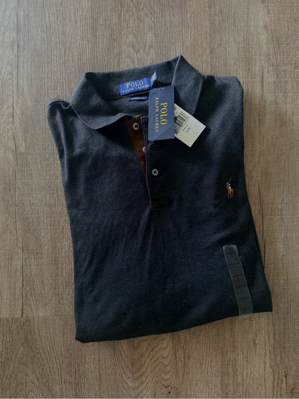 Polo by Ralph Lauren Granite Polo with Brown Suede Placket Detail